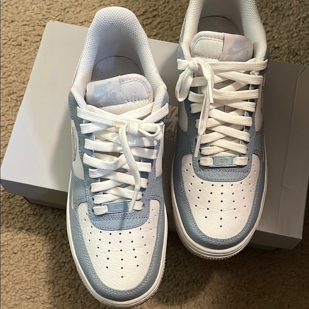 Nike Air Force 1 White and Light Blue Athletic Shoes